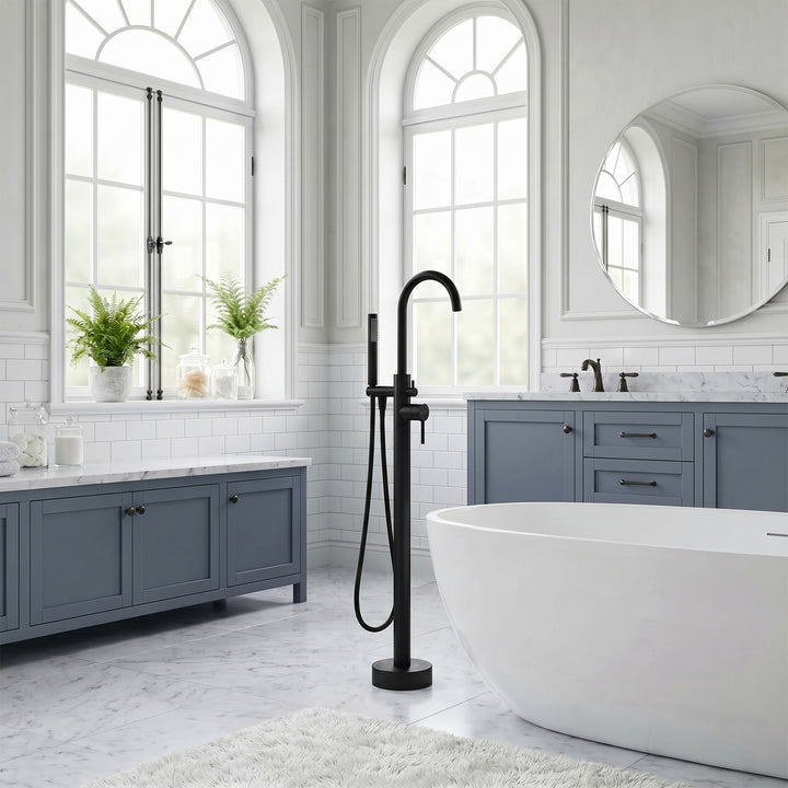 Floor Mounted Roman Tub Faucet With Handshower In Matte Black - View 2 - Joshua Marshal