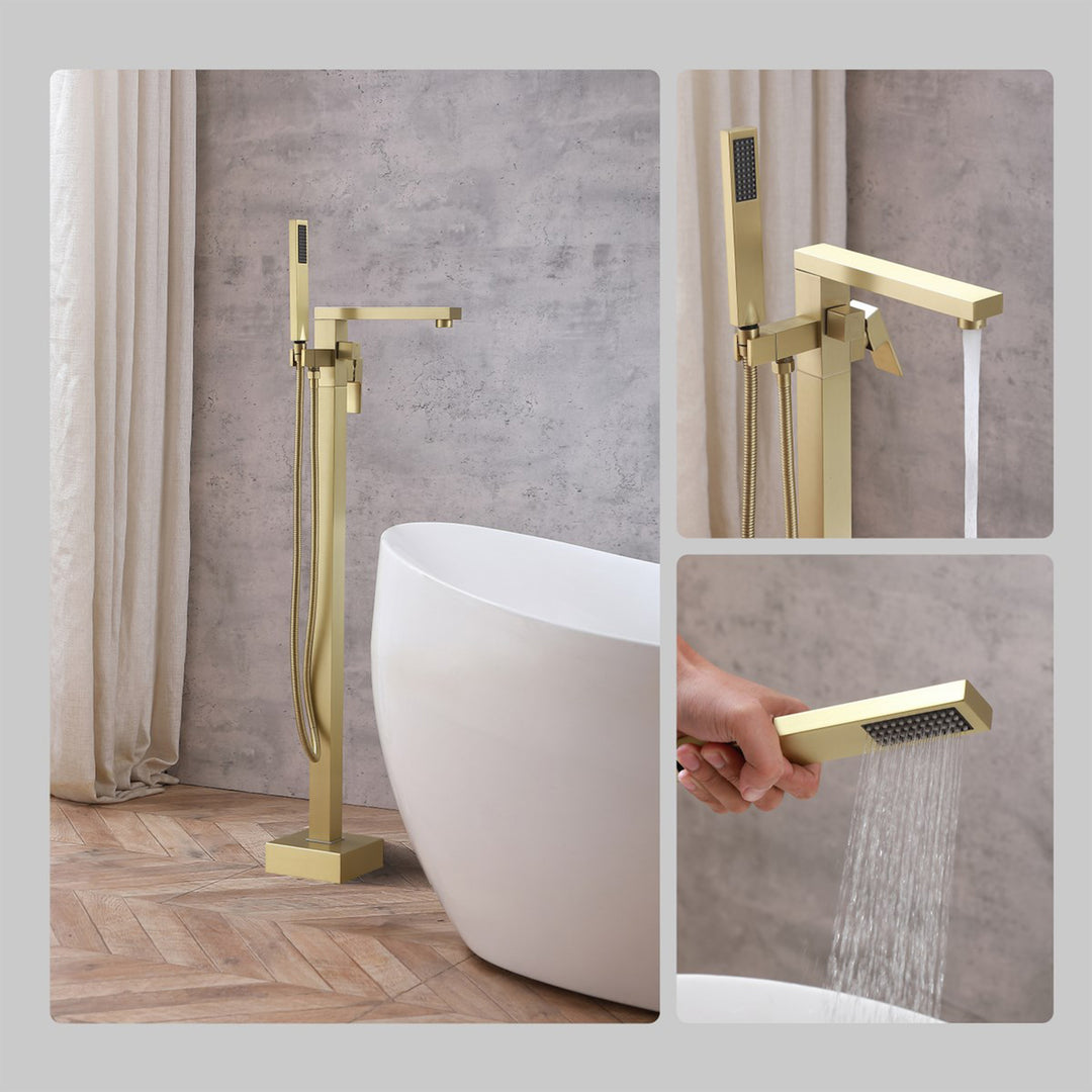 Floor Mounted Roman Tub Faucet With Handshower In Brushed Gold - View 4 - Joshua Marshal