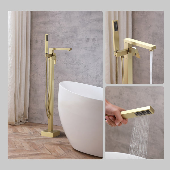 Floor Mounted Roman Tub Faucet With Handshower In Brushed Gold - View 4 - Joshua Marshal