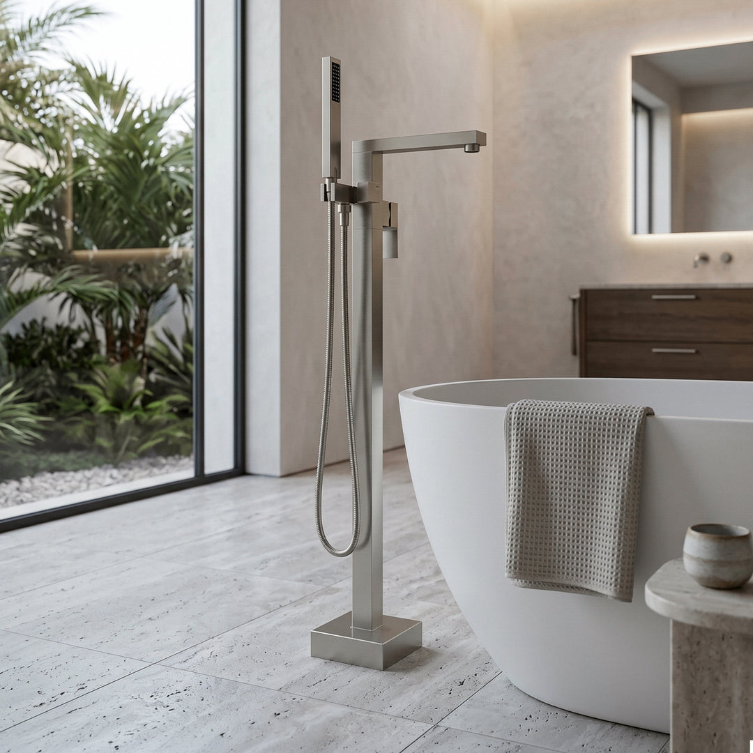 Floor Mounted Roman Tub Faucet With Handshower In Brushed Nickel Brushed Nickel Finish - KITCHEN & BATH by Joshua Marshal