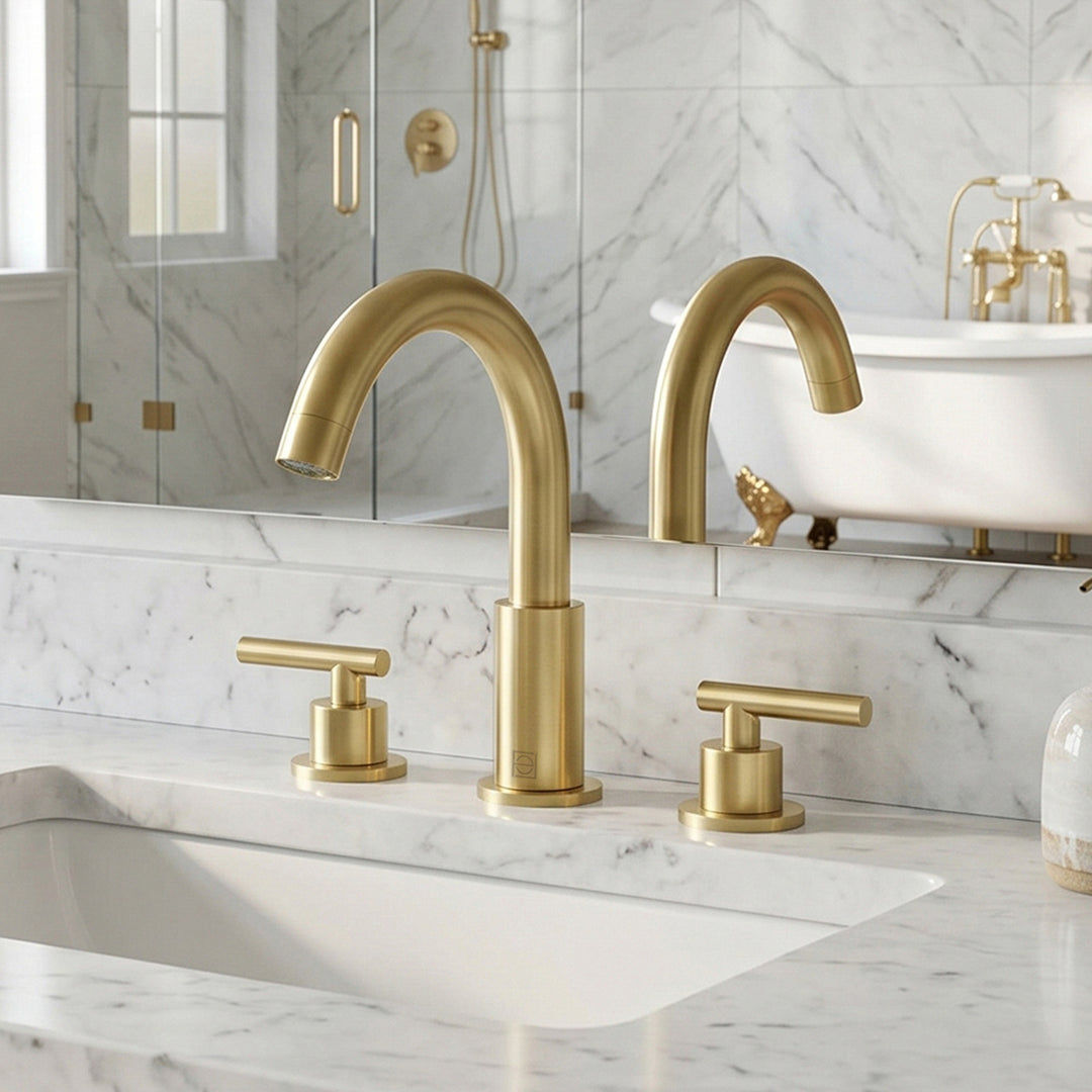 8 Inch Widespread Double Handle Bathroom Faucet In Brushed Gold Brushed Gold Finish - KITCHEN & BATH by Joshua Marshal