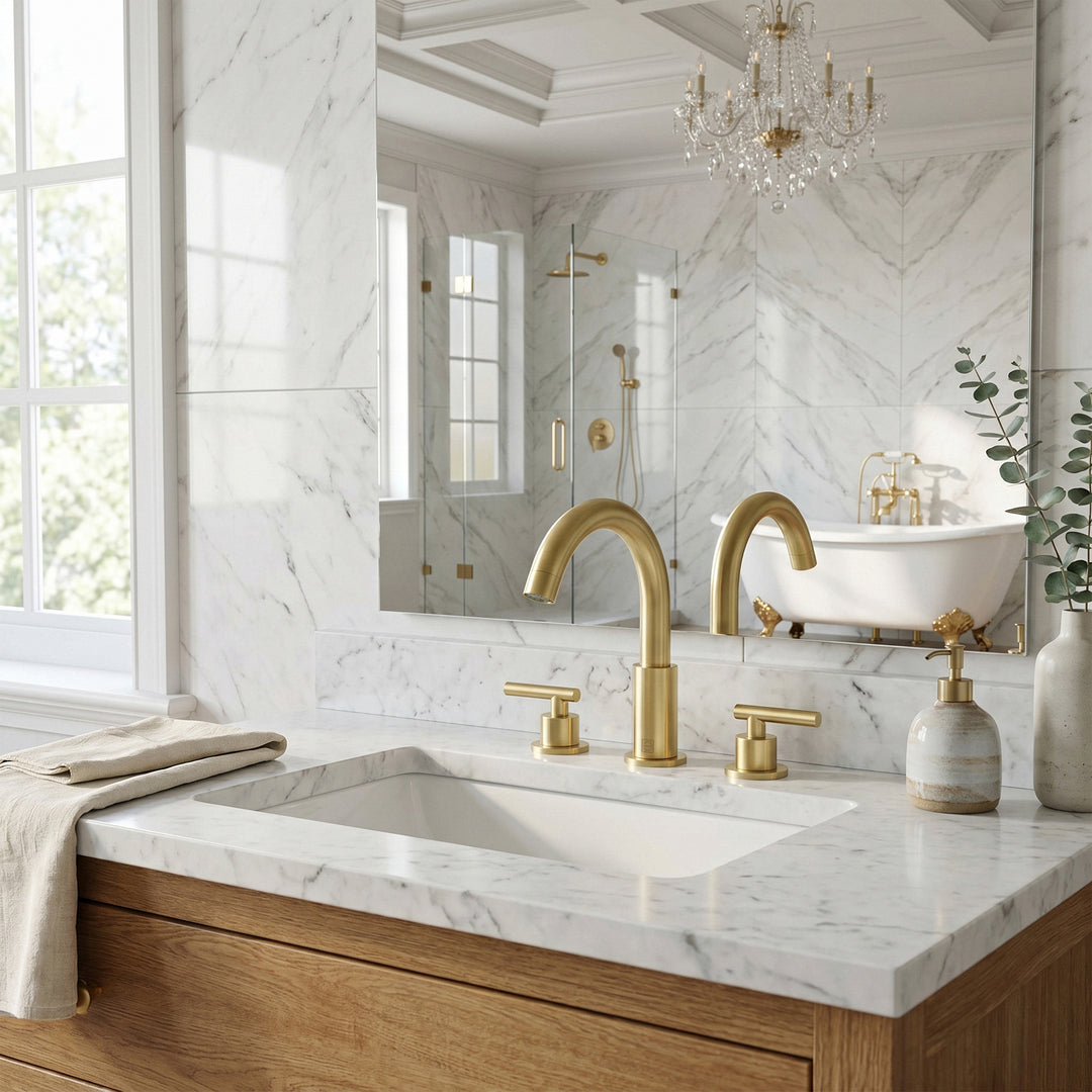 8 Inch Widespread Double Handle Bathroom Faucet In Brushed Gold - View 2 - Joshua Marshal