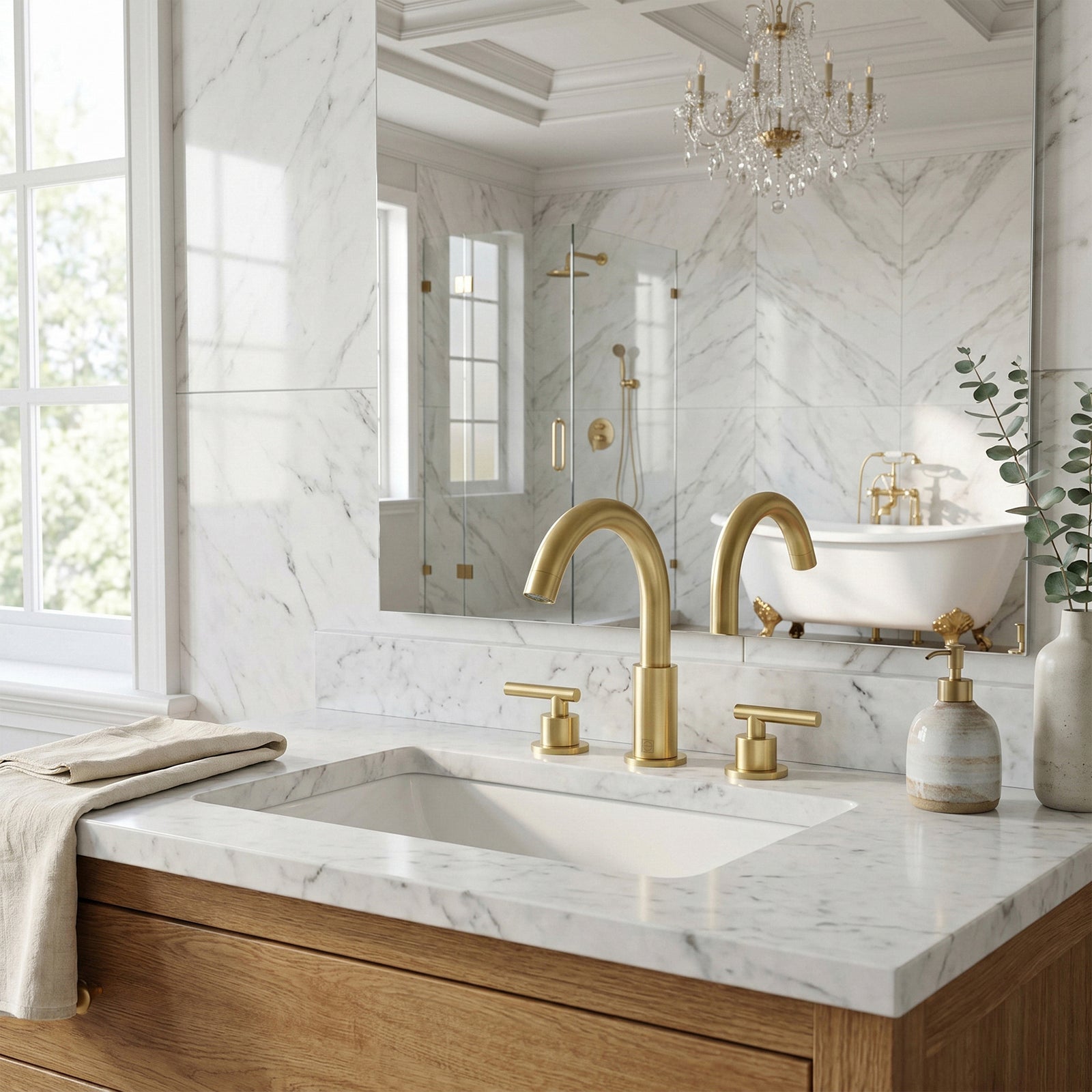 8 Inch Widespread Double Handle Bathroom Faucet In Brushed Gold - View 2 - Joshua Marshal
