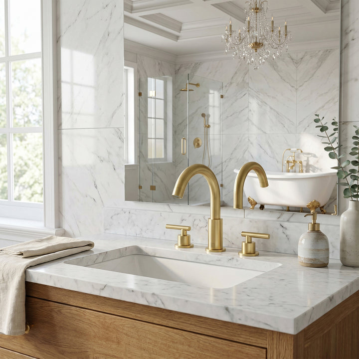 8 Inch Widespread Double Handle Bathroom Faucet In Brushed Gold - View 2 - Joshua Marshal