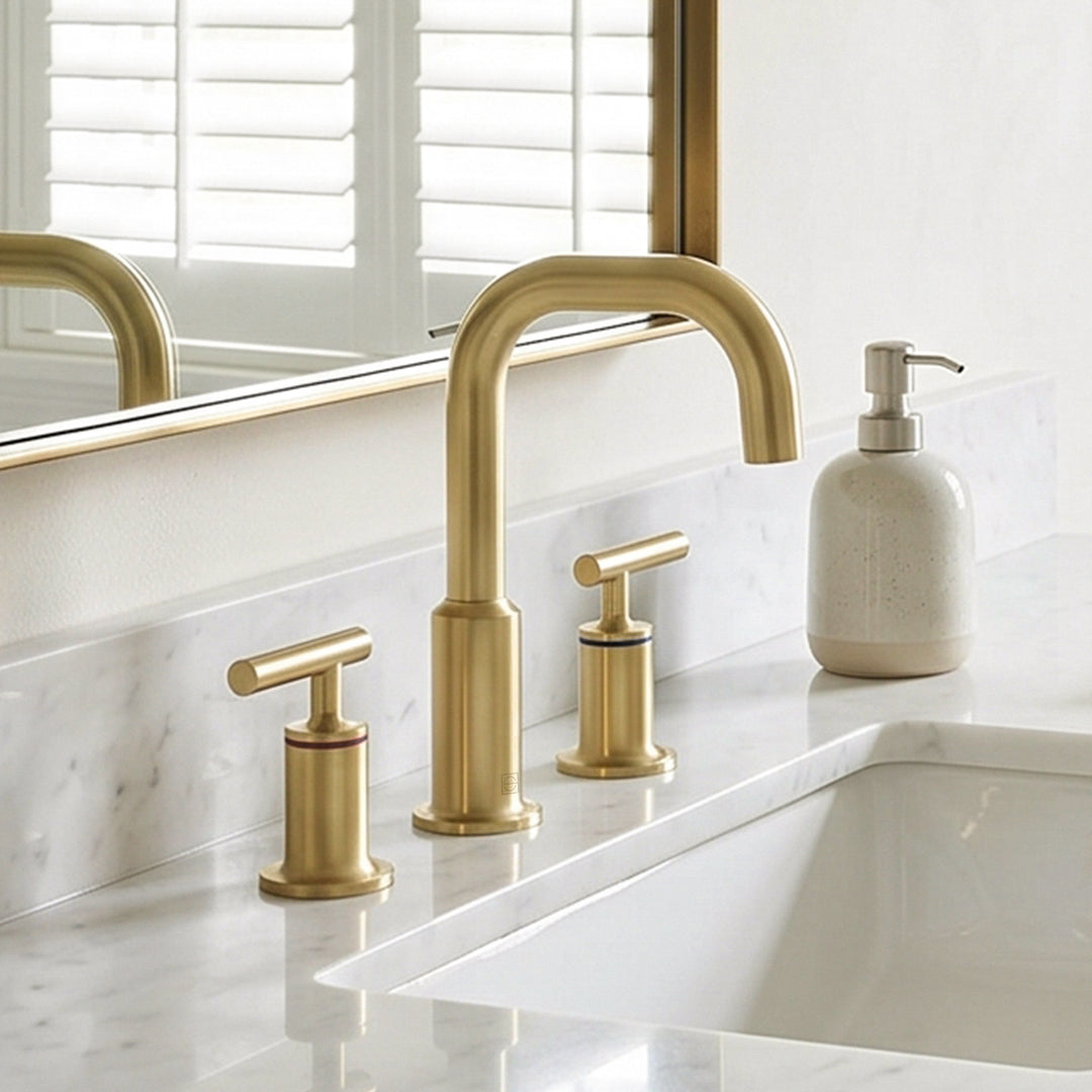 8 Inch Widespread Double Handle Bathroom Faucet In Brushed Gold Brushed Gold Finish - KITCHEN & BATH by Joshua Marshal