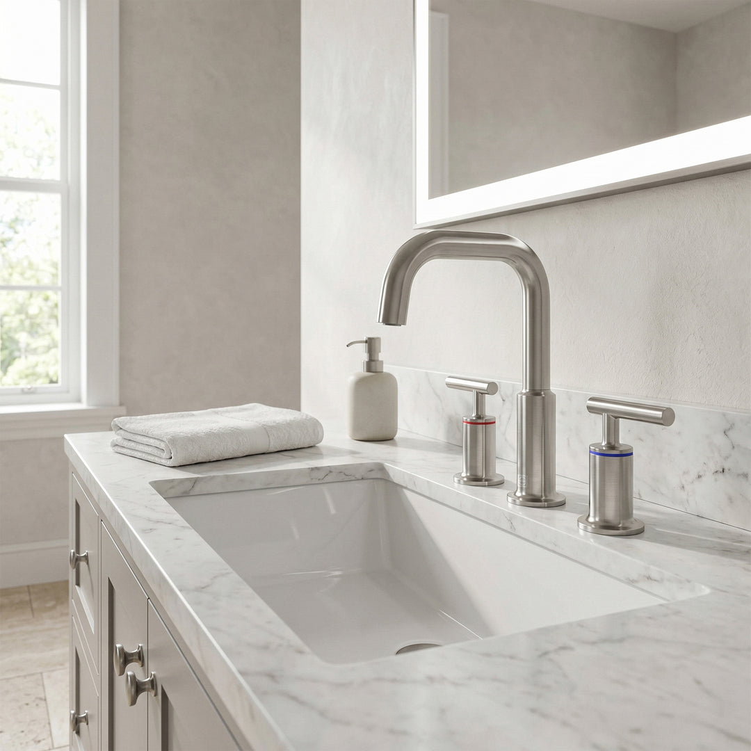 8 Inch Widespread Double Handle Bathroom Faucet In Brushed Nickel - View 2 - Joshua Marshal