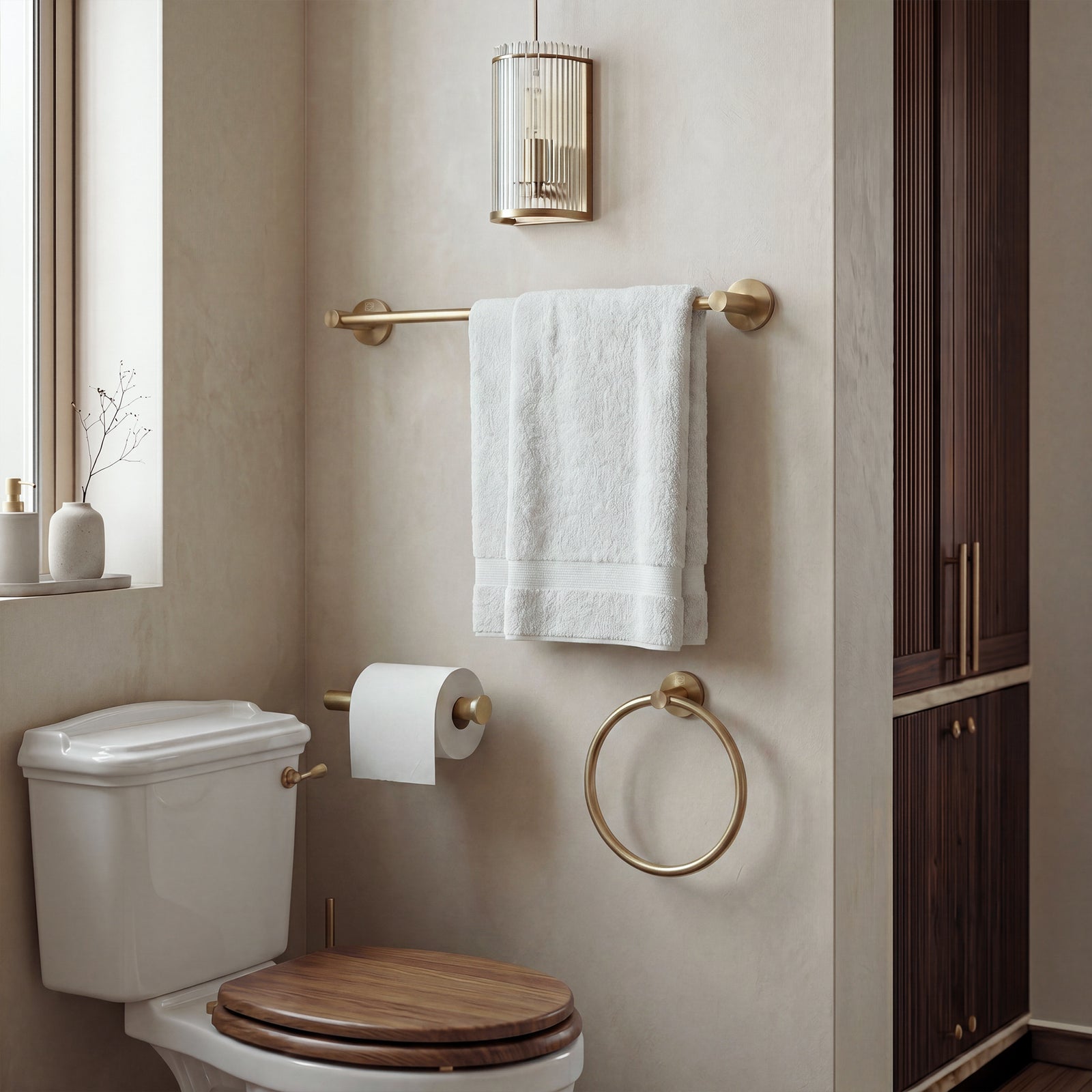 3-Piece Bathroom Hardware Set In Brushed Gold - View 2 - Joshua Marshal
