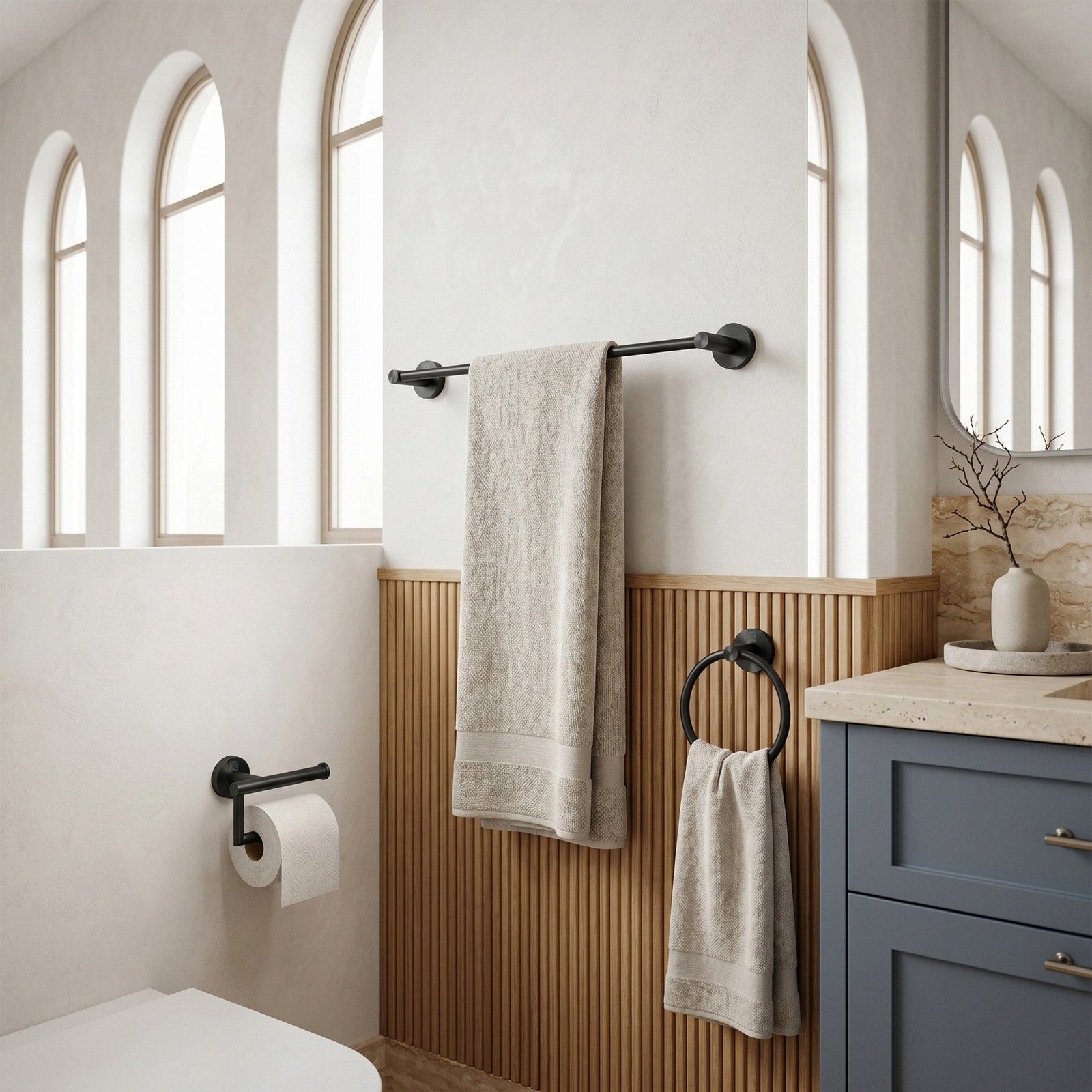 3-Piece Bathroom Hardware Set In Matte Black - View 2 - Joshua Marshal