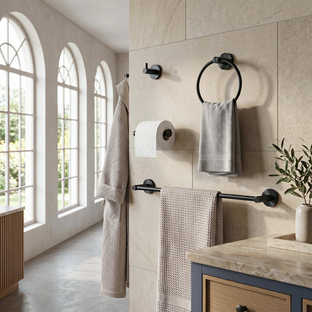 4-Piece Bathroom Hardware Set In Matte Black - View 2 - Joshua Marshal