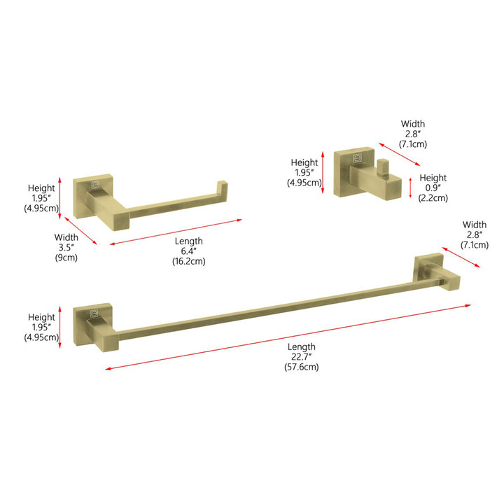 3-Piece Bathroom Hardware Set In Brushed Gold - View 3 - Joshua Marshal