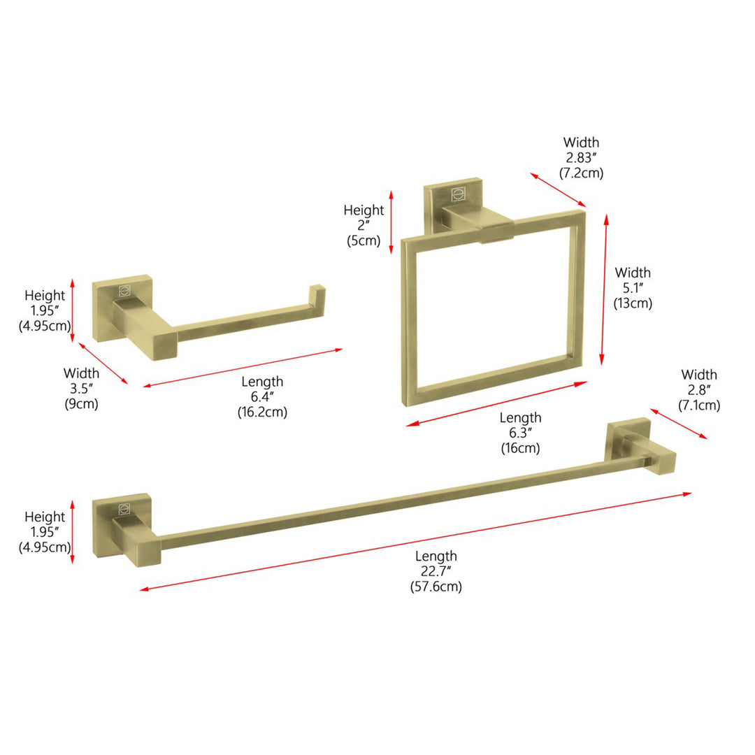 3-Piece Bathroom Hardware Set In Brushed Gold - View 3 - Joshua Marshal