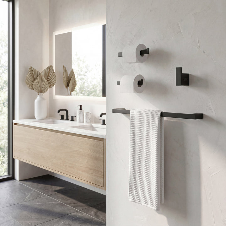 4-Piece Bathroom Hardware Set In Matte Black - View 2 - Joshua Marshal