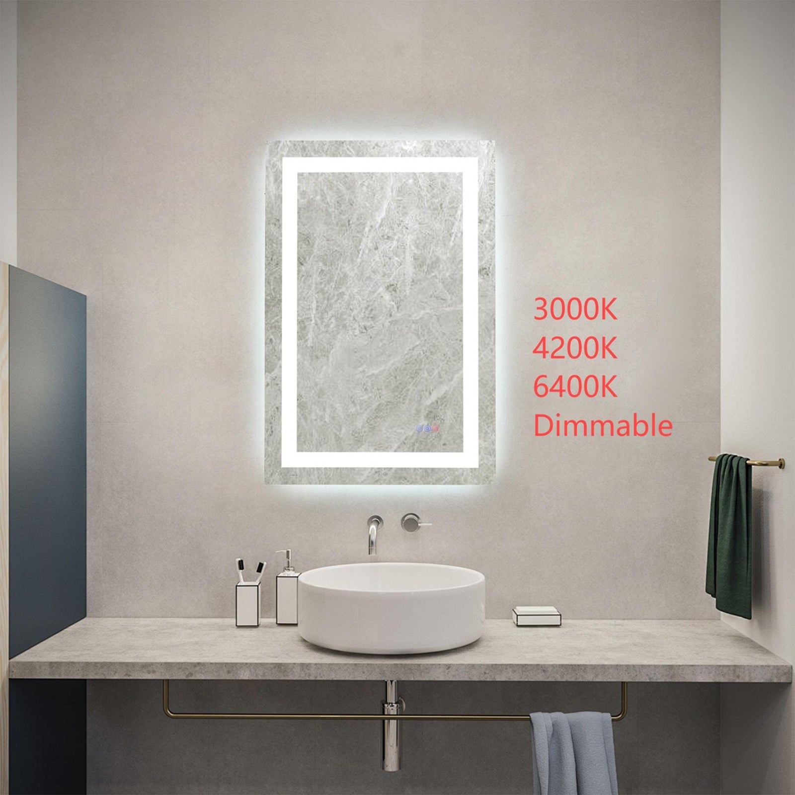 36X24 Led Mirror, Adjustable Color 3000K/4200K/6400K - View 2 - Joshua Marshal