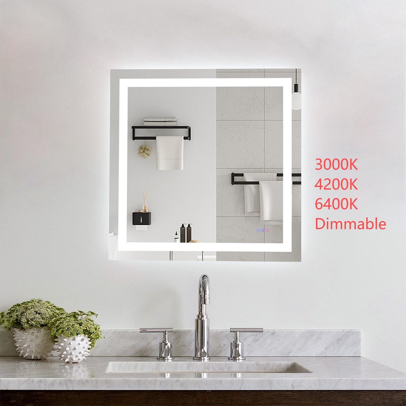 36X36 Led Mirror, Adjustable Color 3000K/4200K/6400K - View 2 - Joshua Marshal