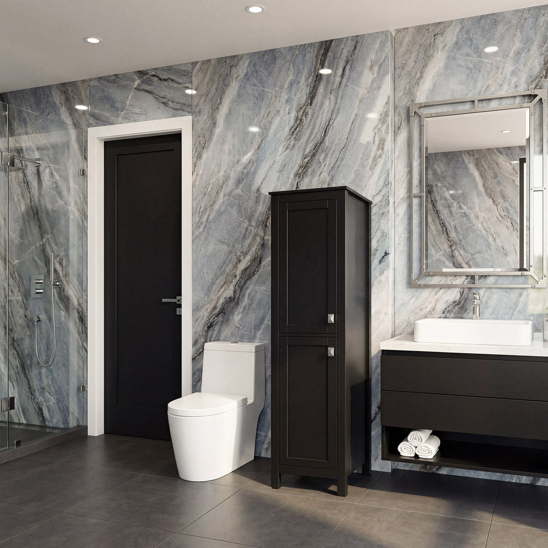 16 Inch Wide Bathroom Linen Storage Freestanding Cabinet In Black - View 2 - Joshua Marshal