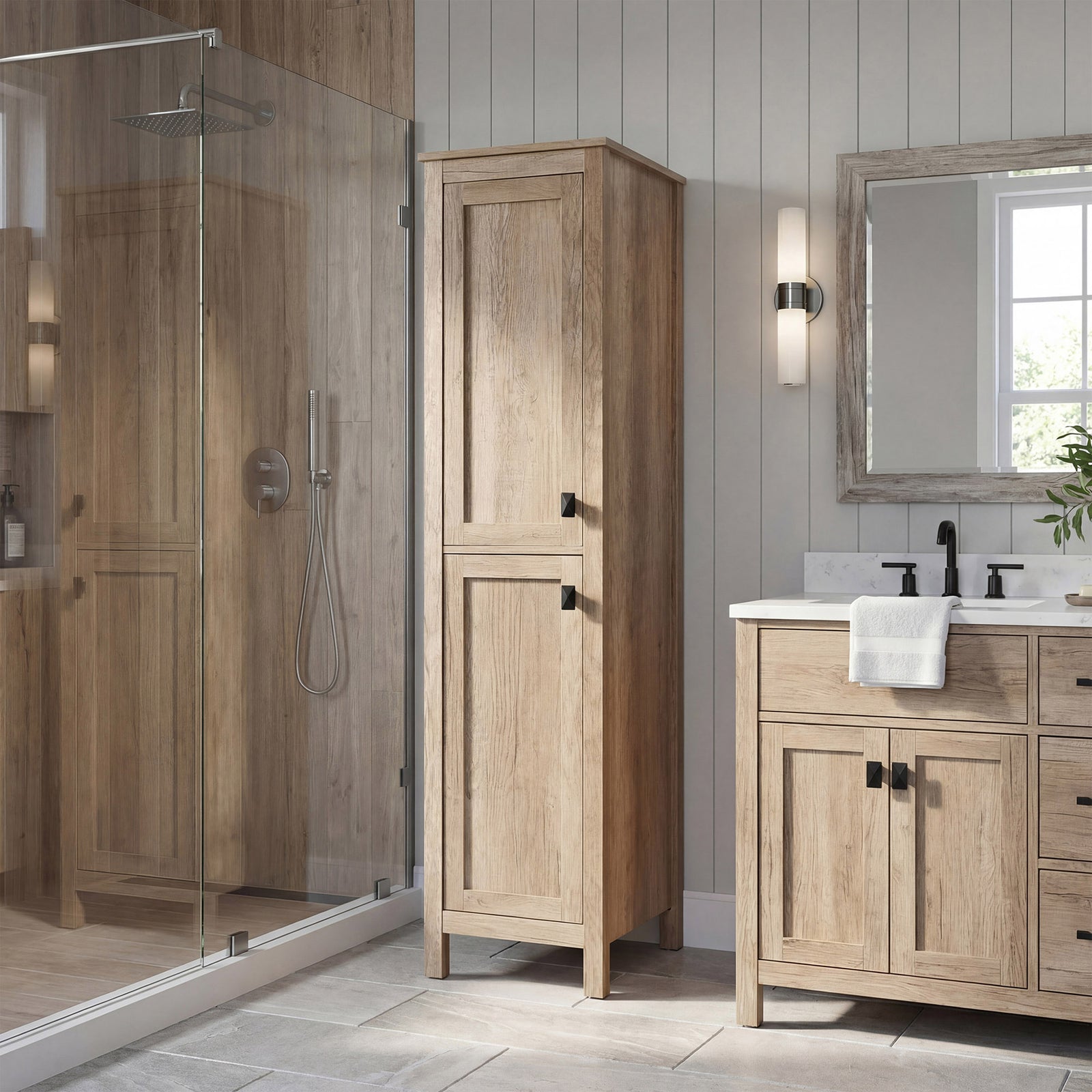 16 Inch Wide Bathroom Linen Storage Freestanding Cabinet In Natural Oak Natural Oak Finish - KITCHEN & BATH by Joshua Marshal