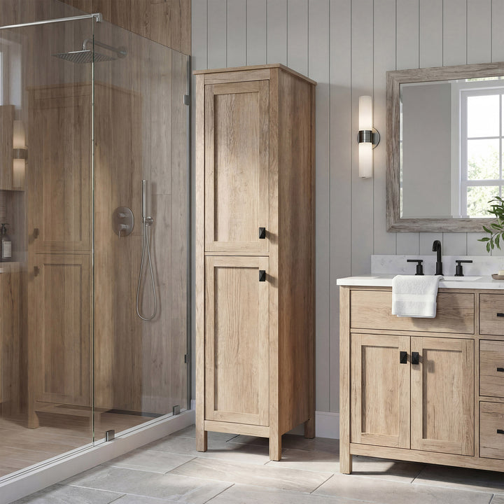 16 Inch Wide Bathroom Linen Storage Freestanding Cabinet In Natural Oak Natural Oak Finish - KITCHEN & BATH by Joshua Marshal