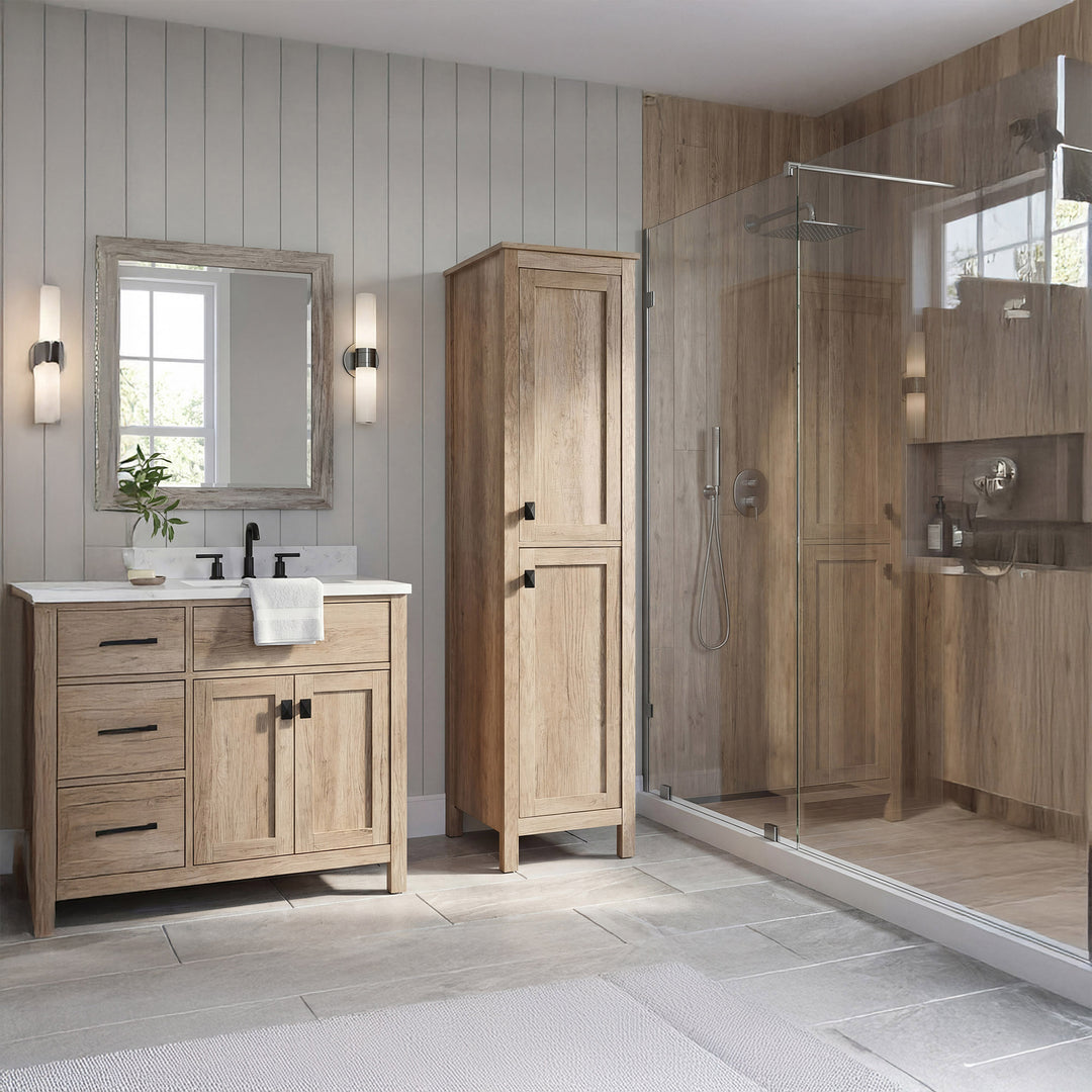 16 Inch Wide Bathroom Linen Storage Freestanding Cabinet In Natural Oak - View 2 - Joshua Marshal