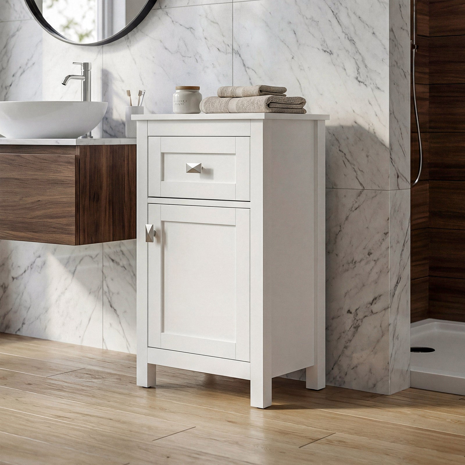18 Inch Wide Bathroom Storage Freedstanding Cabinet In White White Finish - KITCHEN & BATH by Joshua Marshal