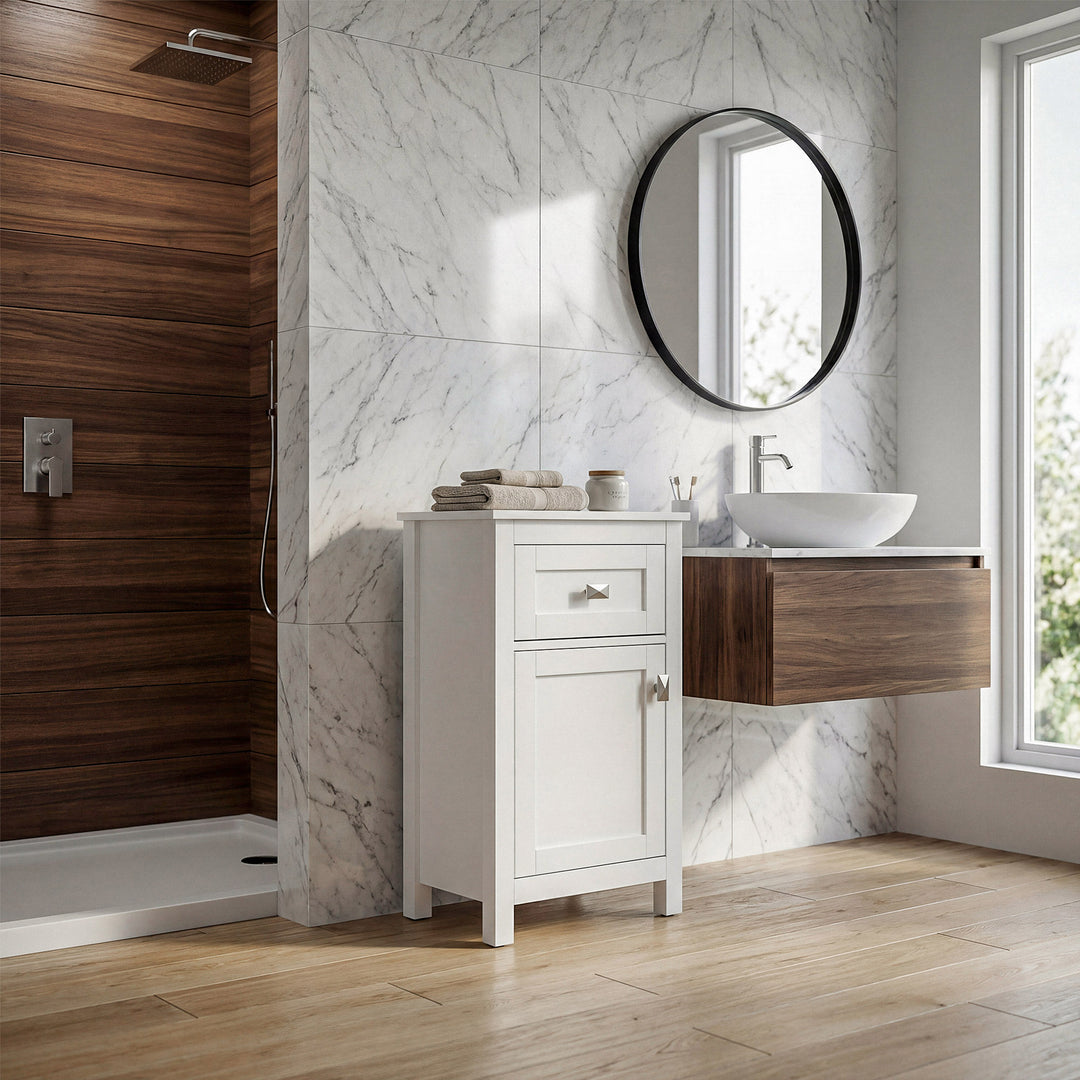 18 Inch Wide Bathroom Storage Freedstanding Cabinet In White - View 2 - Joshua Marshal