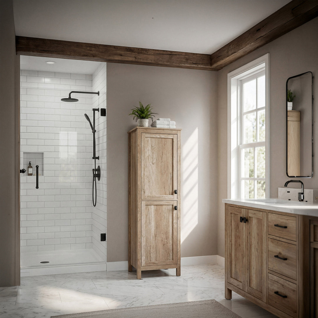 20 Inch Wide Bathroom Linen Storage Freestanding Cabinet In Natural Oak - View 2 - Joshua Marshal