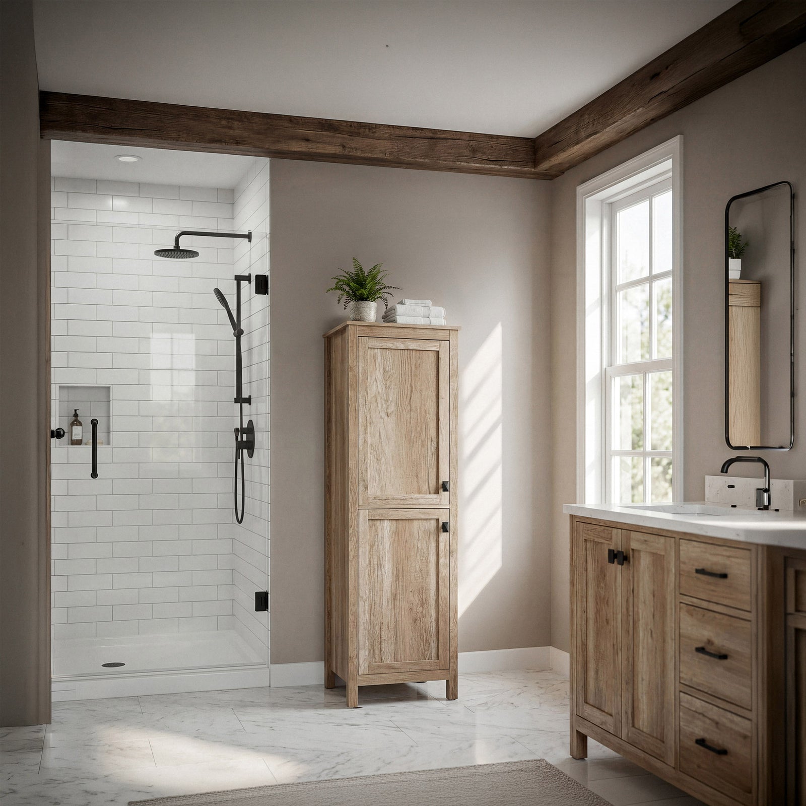 20 Inch Wide Bathroom Linen Storage Freestanding Cabinet In Natural Oak - View 2 - Joshua Marshal