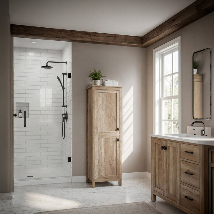 20 Inch Wide Bathroom Linen Storage Freestanding Cabinet In Natural Oak - View 2 - Joshua Marshal
