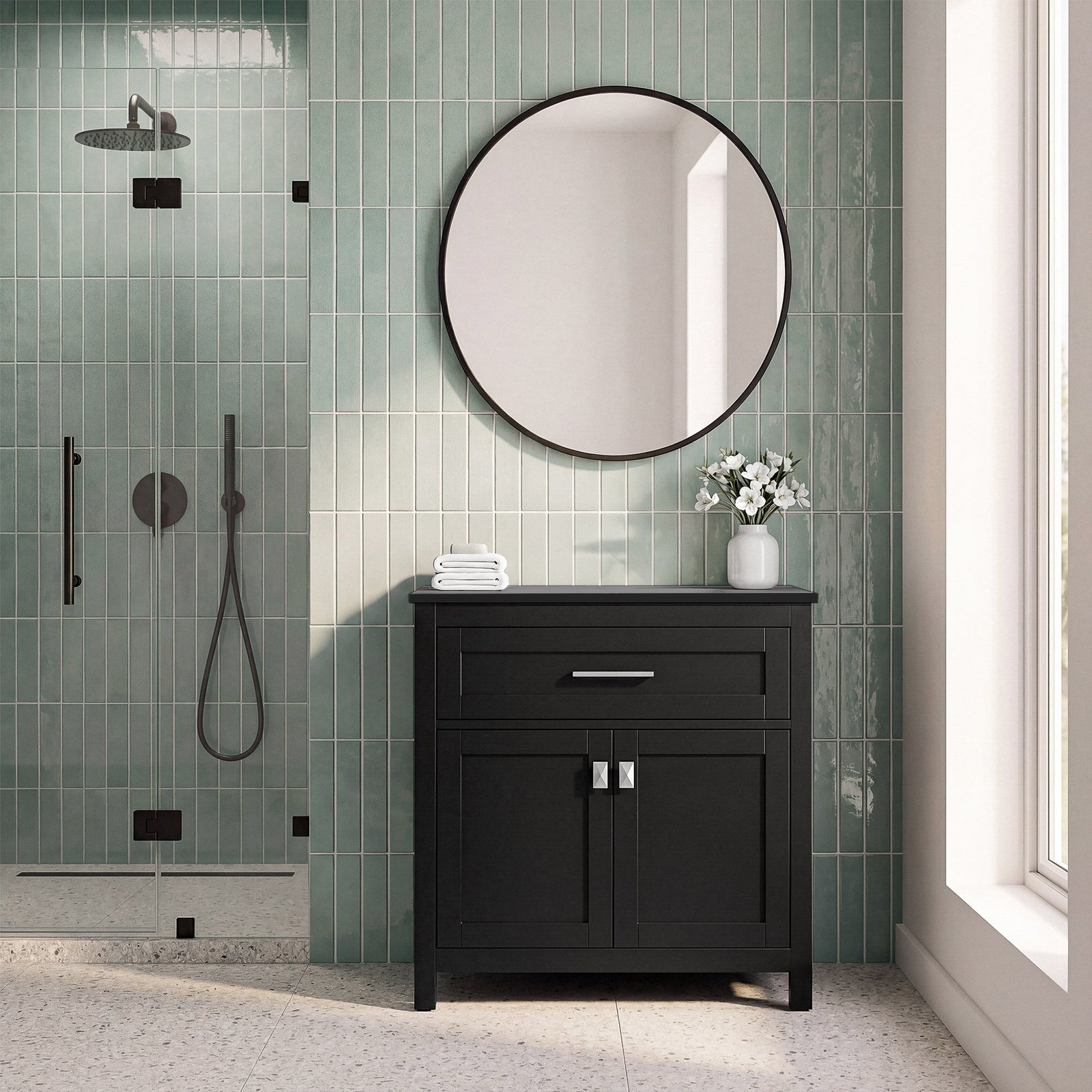 30 Inch Wide Bathroom Storage Freestanding Cabinet In Black - View 2 - Joshua Marshal
