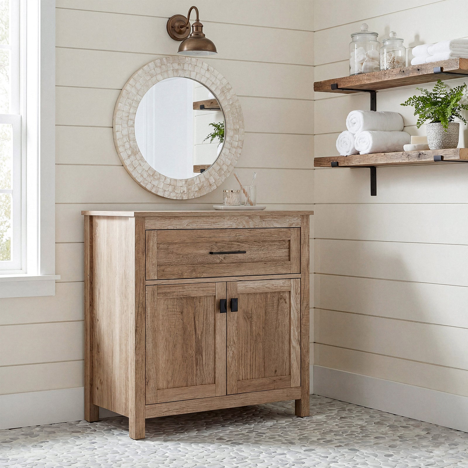 30 Inch Wide Bathroom Storage Freestanding Cabinet In Natural Oak - View 2 - Joshua Marshal