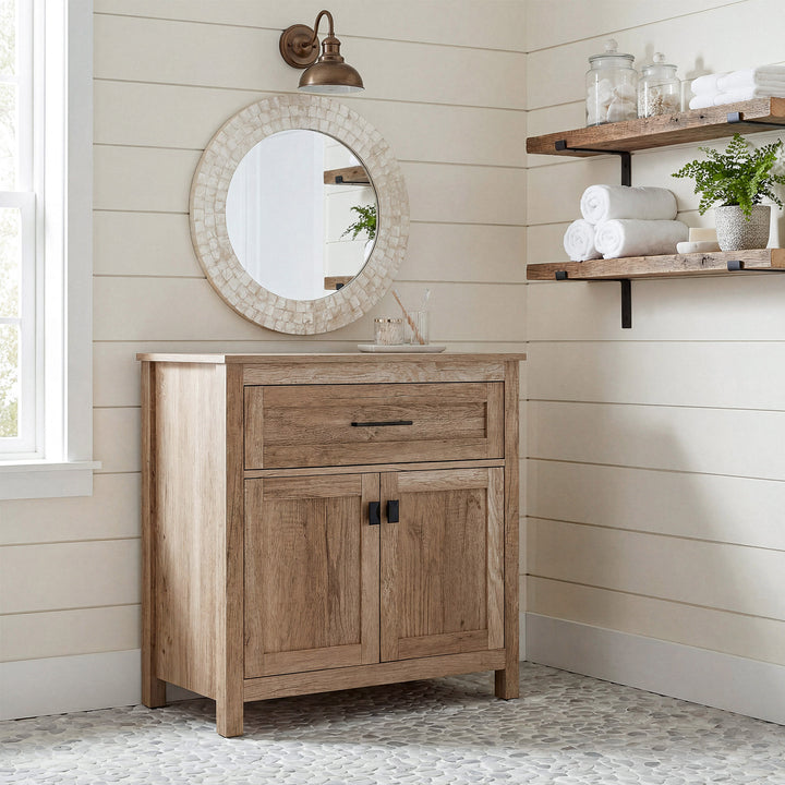 30 Inch Wide Bathroom Storage Freestanding Cabinet In Natural Oak - View 2 - Joshua Marshal