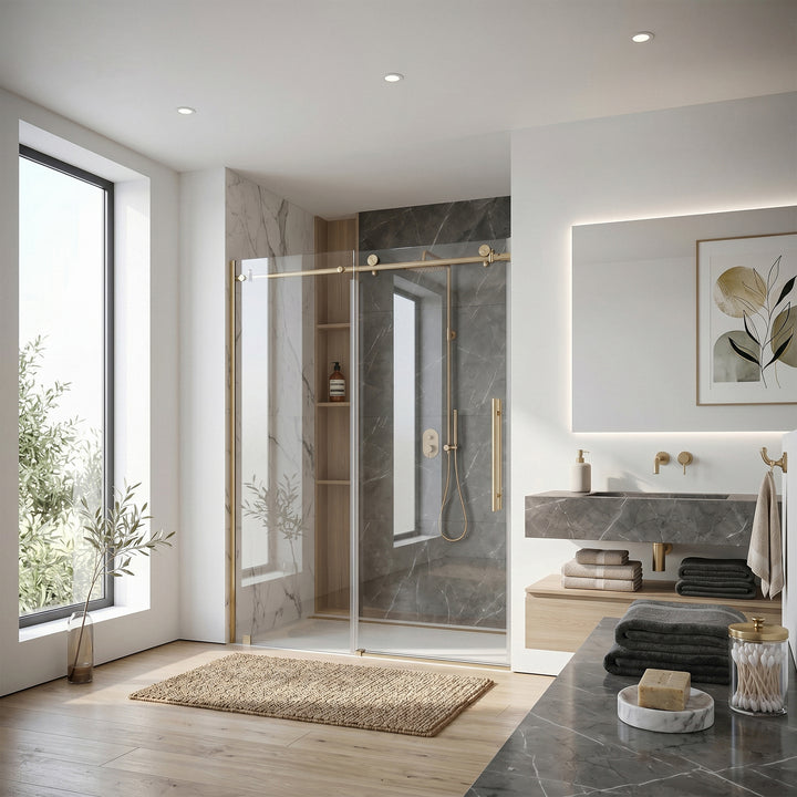 Frameless Shower Door 60 X 76 Brushed Gold - View 2 - Joshua Marshal