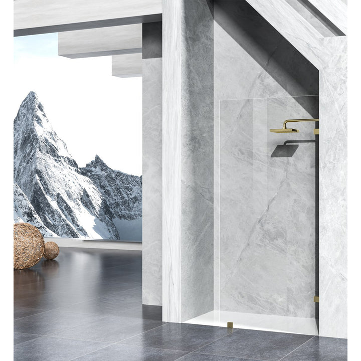 Fixed Frameless Shower Door 35 X 78 Brushed Gold - View 2 - Joshua Marshal
