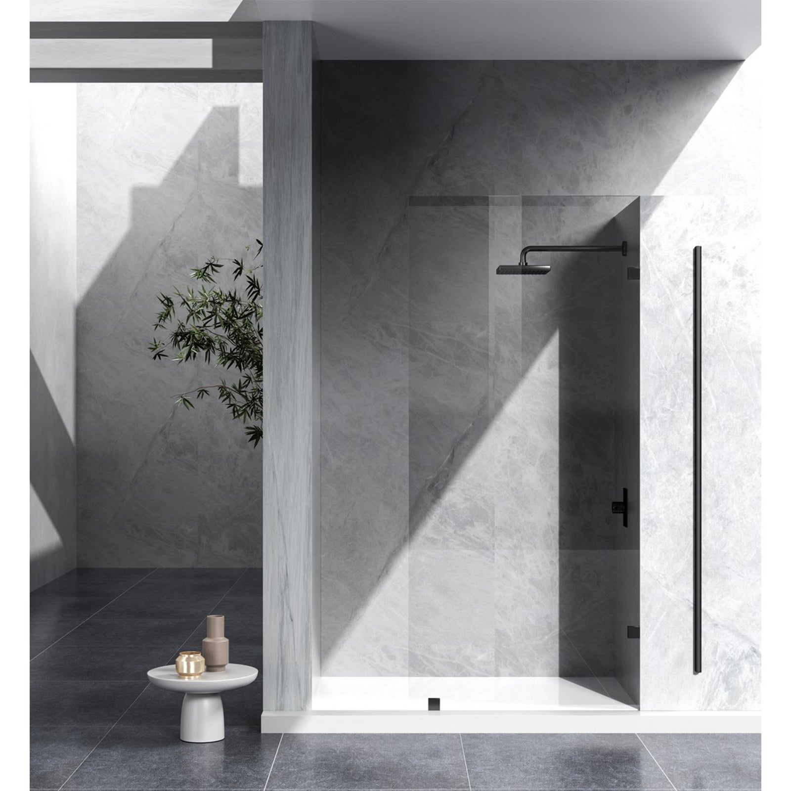 Fixed Frameless Shower Door 35 X 78 Matte Black - View 2 - Joshua Marshal