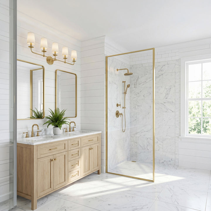 Fixed Framed Shower Door 35 X 76 Brushed Gold - View 2 - Joshua Marshal