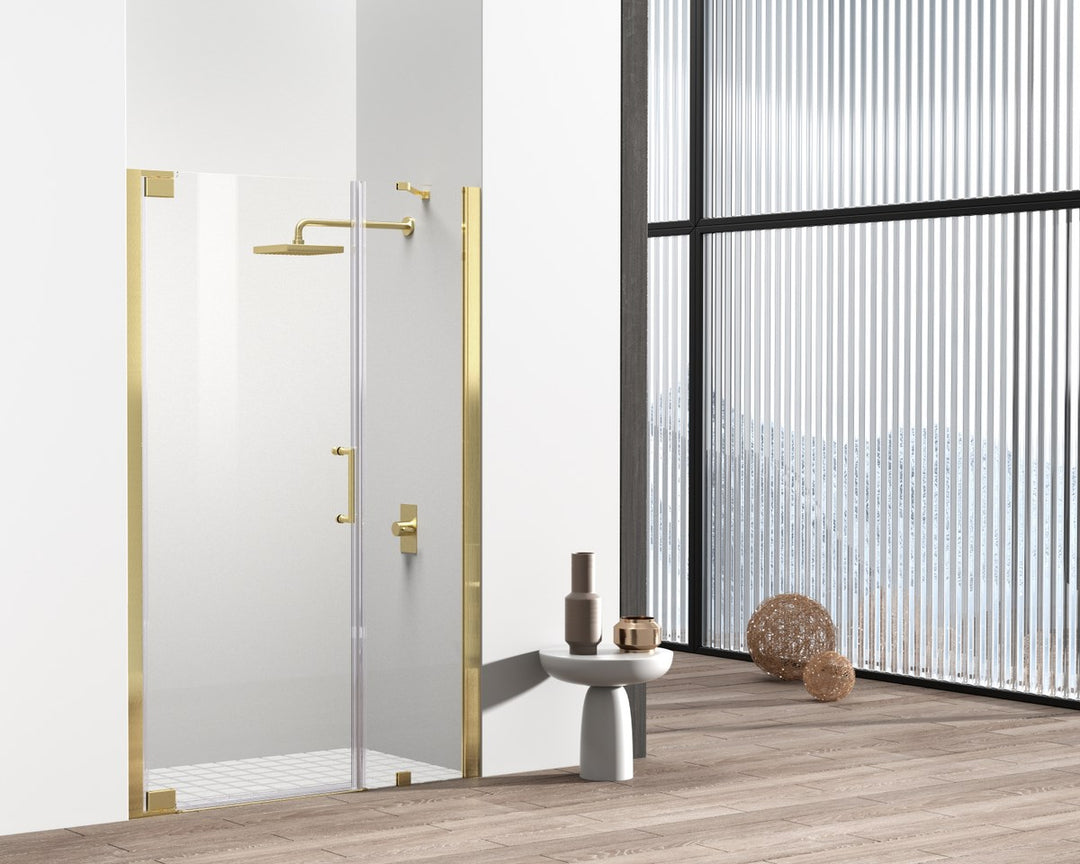 Semi-Frameless Hinged Shower Door 48 X 72 Brushed Gold - View 2 - Joshua Marshal