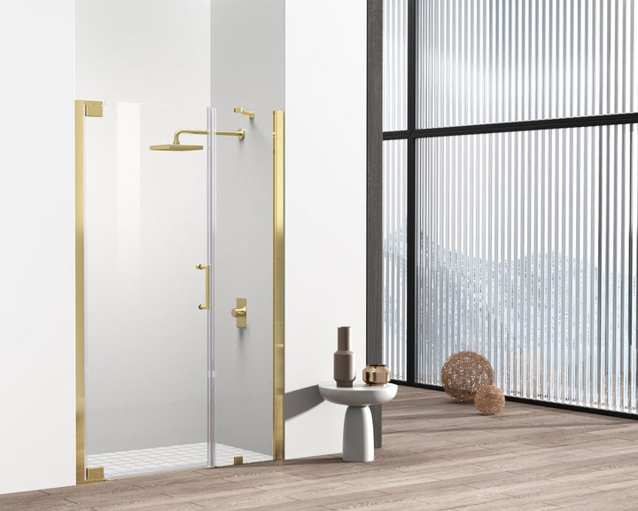 Semi-Frameless Hinged Shower Door 48 X 72 Brushed Gold - View 2 - Joshua Marshal