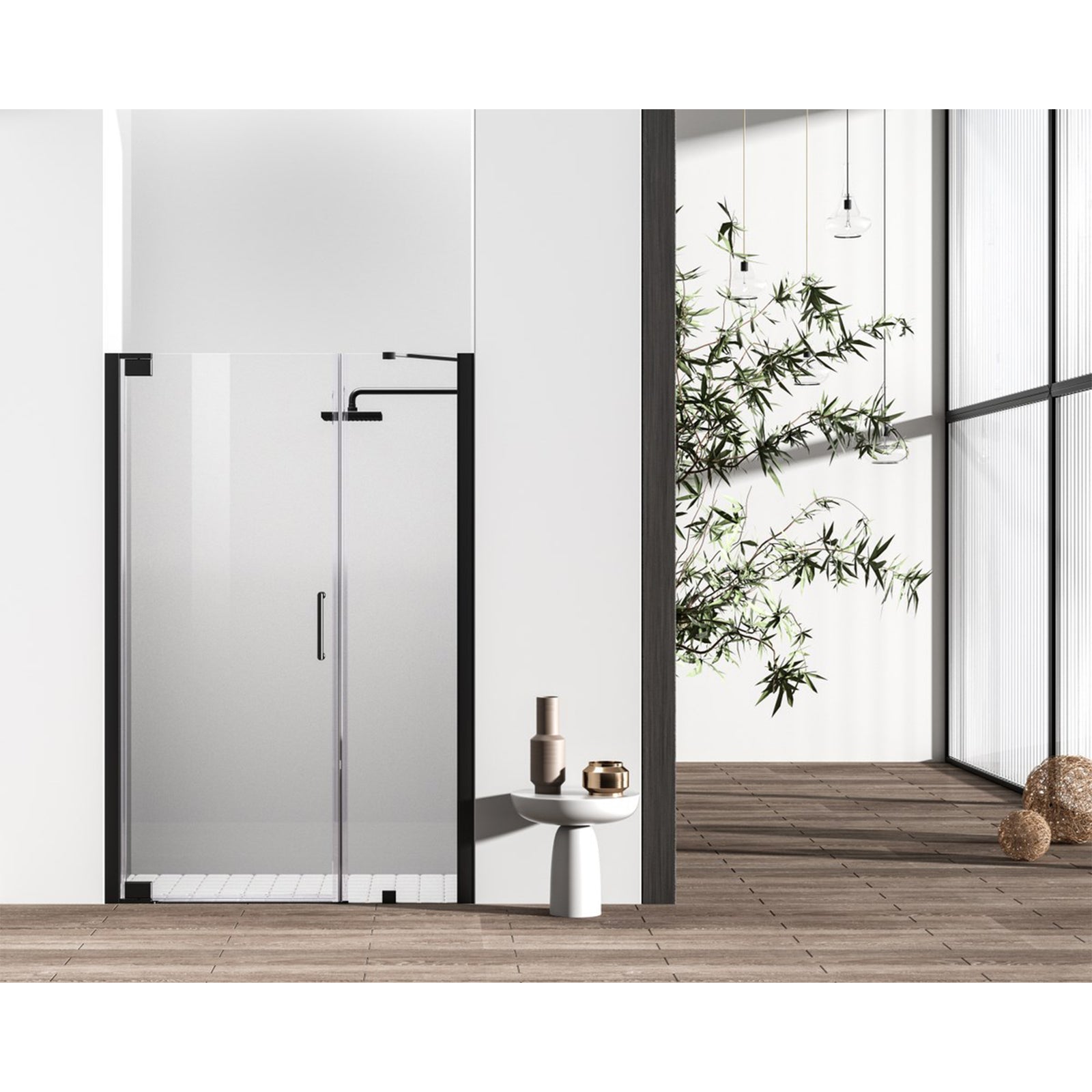 Semi-Frameless Hinged Shower Door 48 X 72 Matte Black - View 2 - Joshua Marshal