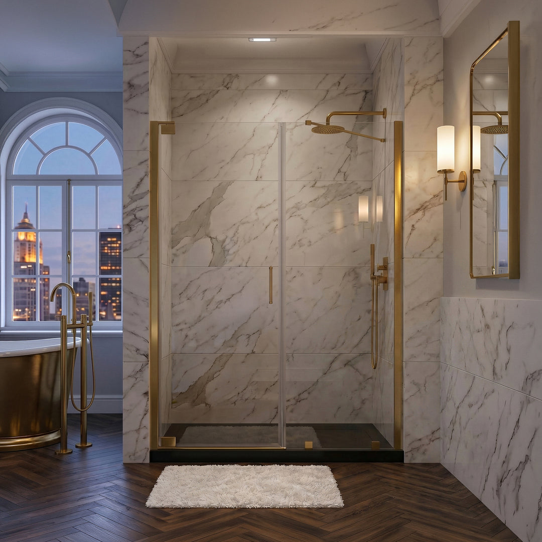 Semi-Frameless Hinged Shower Door 60 X 72 Brushed Gold - View 2 - Joshua Marshal