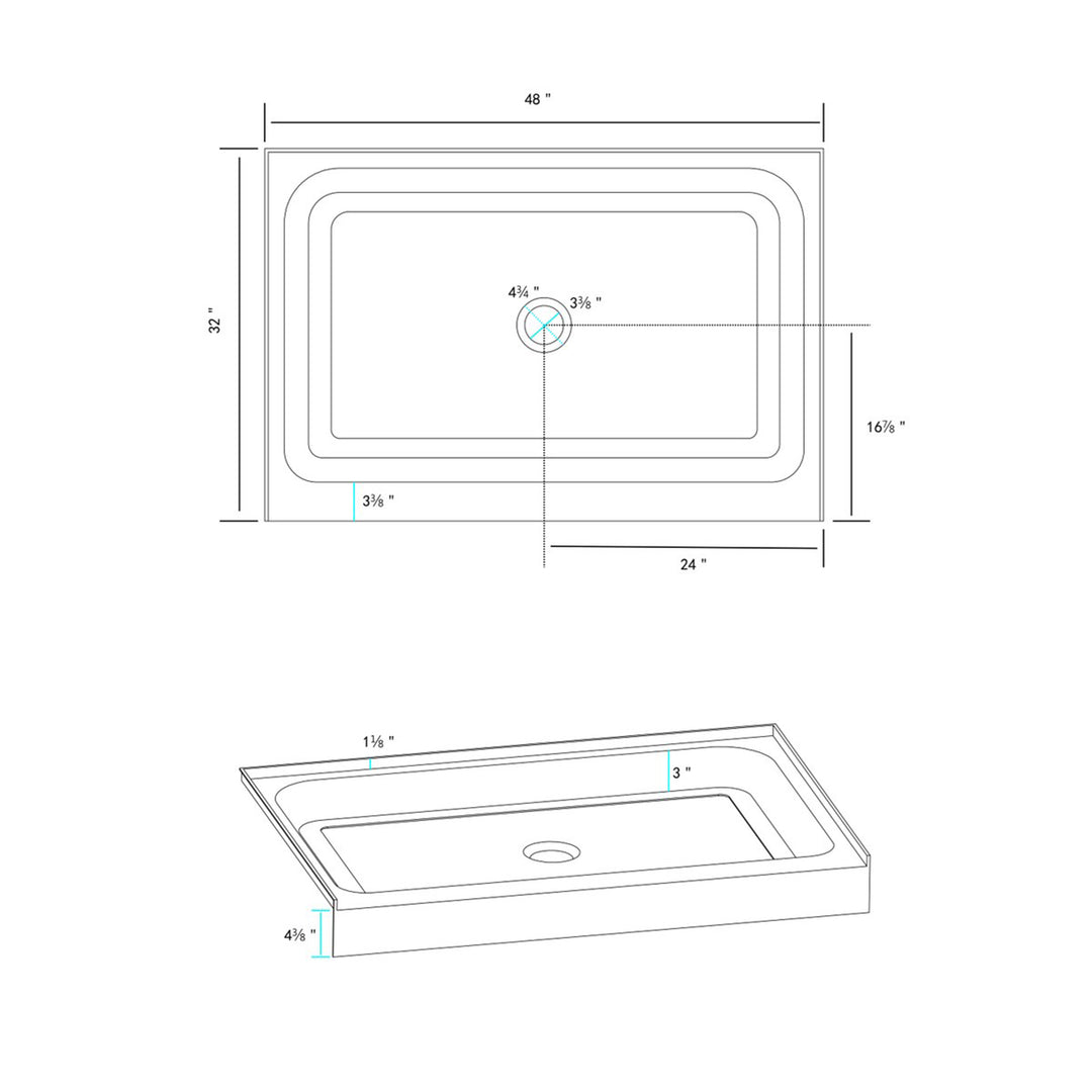 48X32 Inch Single Threshold Shower Tray Center Drain In Glossy White - View 6 - Joshua Marshal