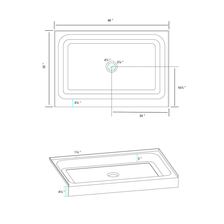 48X32 Inch Single Threshold Shower Tray Center Drain In Glossy White - View 6 - Joshua Marshal