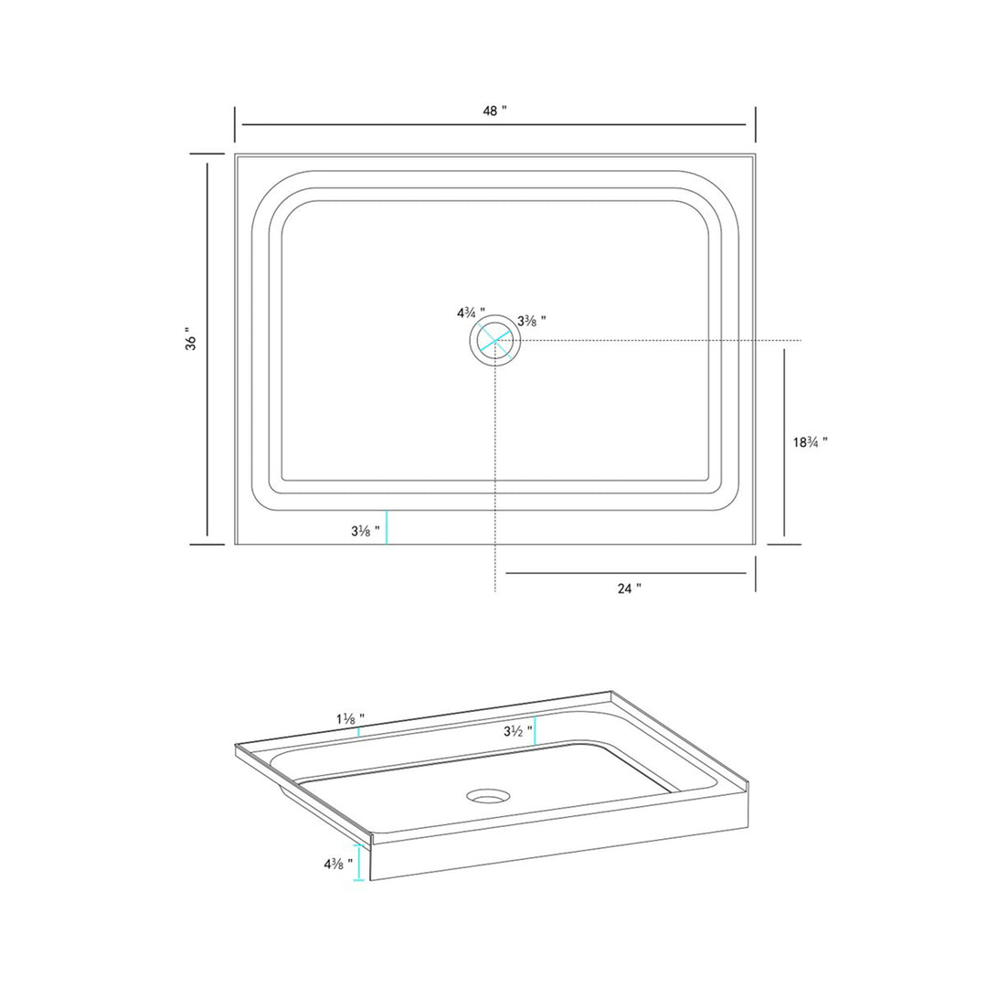 48X36 Inch Single Threshold Shower Tray Center Drain In Glossy White - View 6 - Joshua Marshal