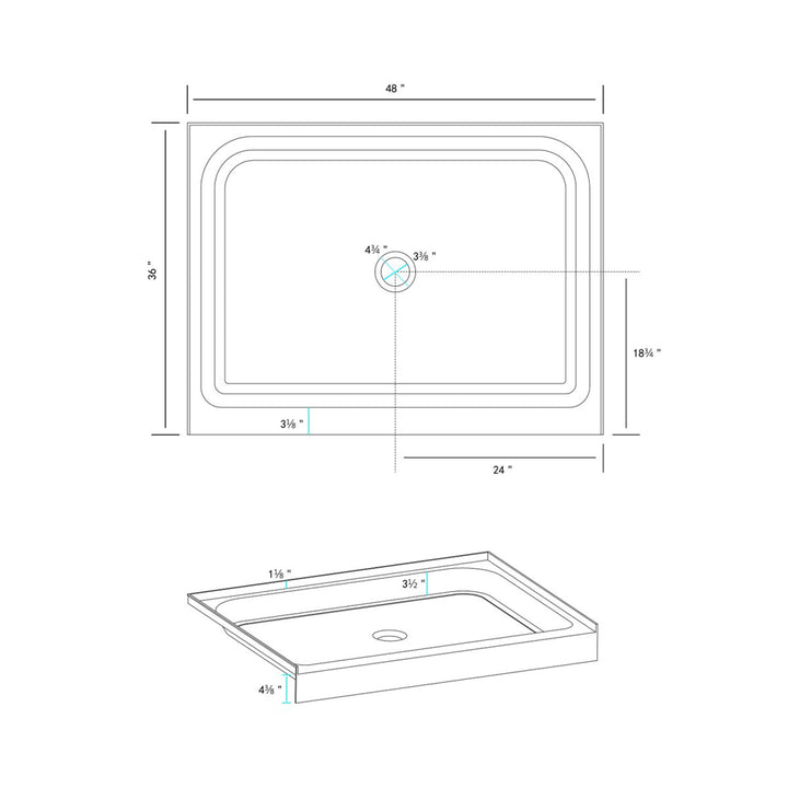 48X36 Inch Single Threshold Shower Tray Center Drain In Glossy White - View 6 - Joshua Marshal
