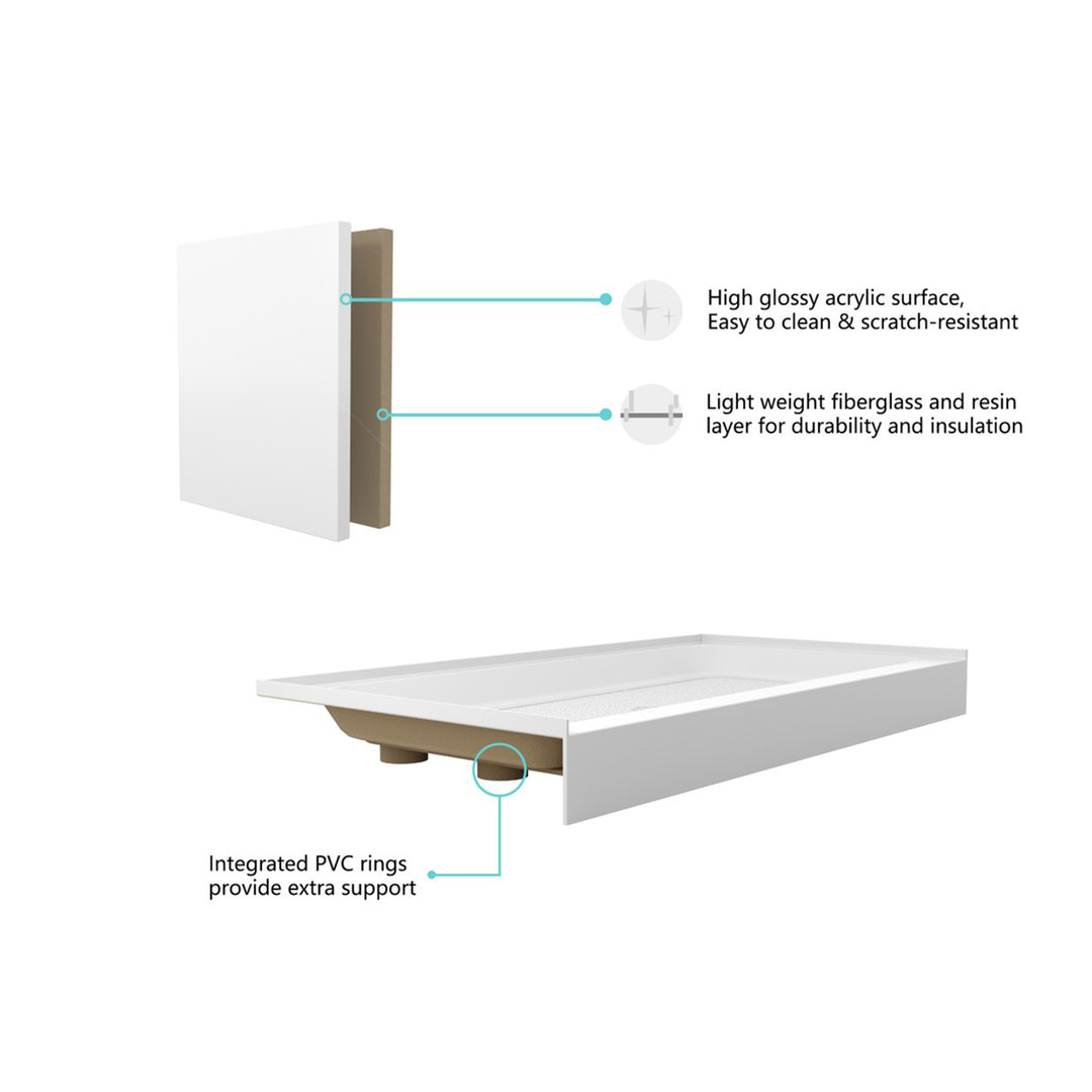 60X30 Inch Single Threshold Shower Tray Center Drain In Glossy White - View 4 - Joshua Marshal