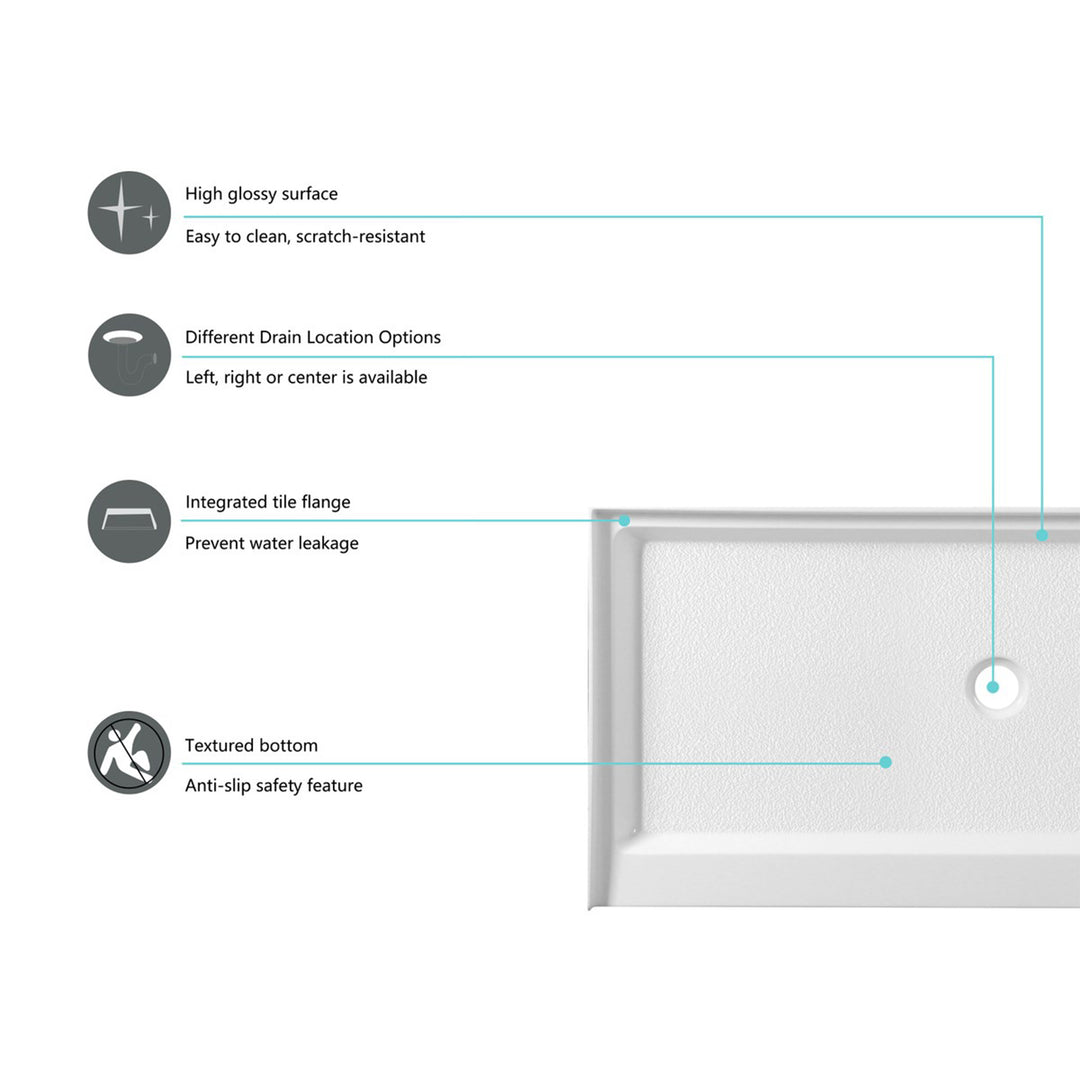 60X30 Inch Single Threshold Shower Tray Center Drain In Glossy White - View 5 - Joshua Marshal