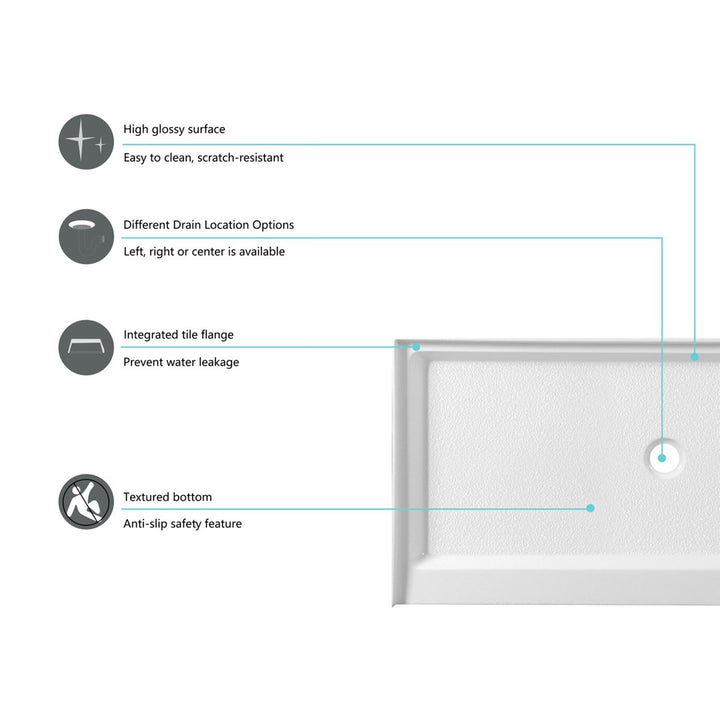 60X30 Inch Single Threshold Shower Tray Center Drain In Glossy White - View 5 - Joshua Marshal