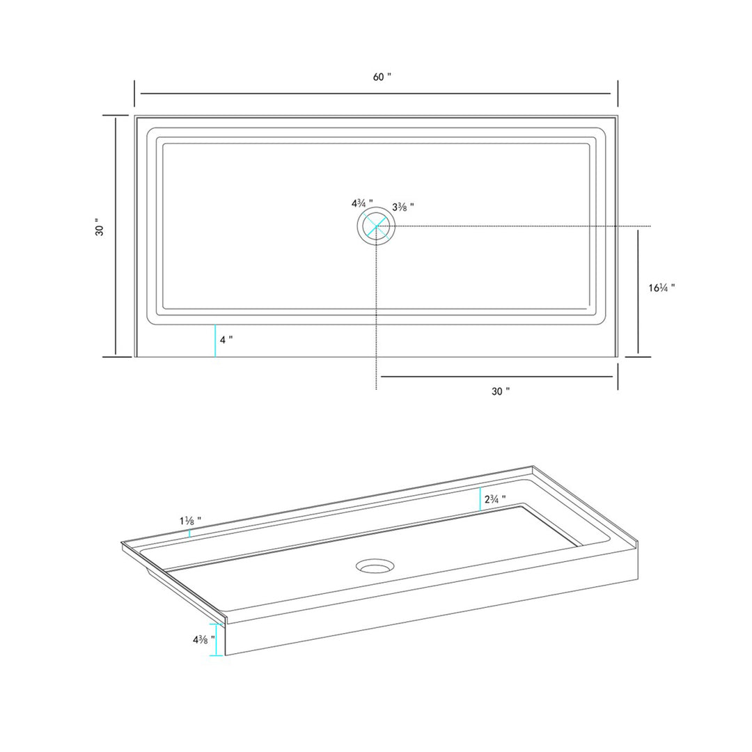 60X30 Inch Single Threshold Shower Tray Center Drain In Glossy White - View 6 - Joshua Marshal