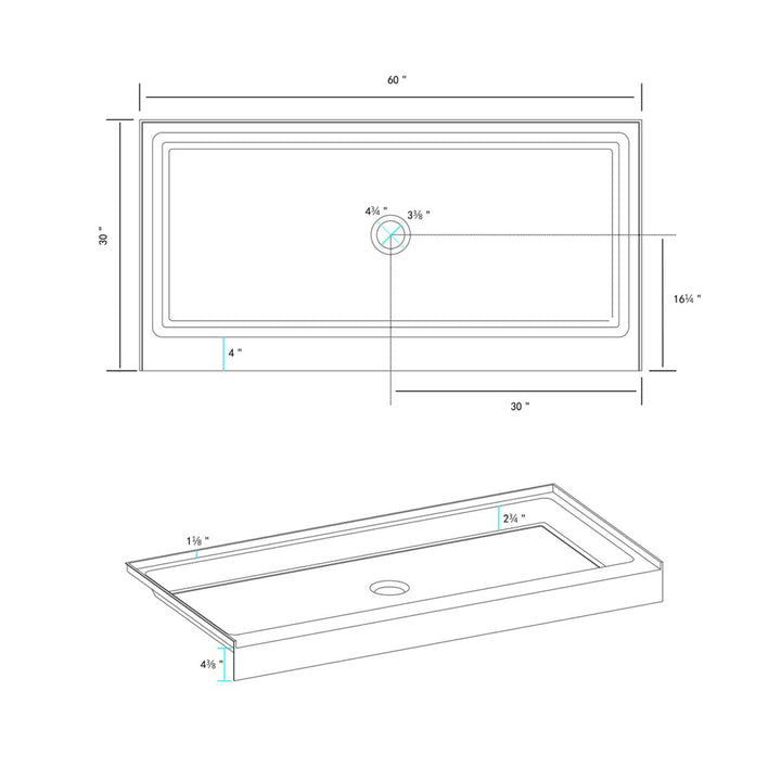 60X30 Inch Single Threshold Shower Tray Center Drain In Glossy White - View 6 - Joshua Marshal