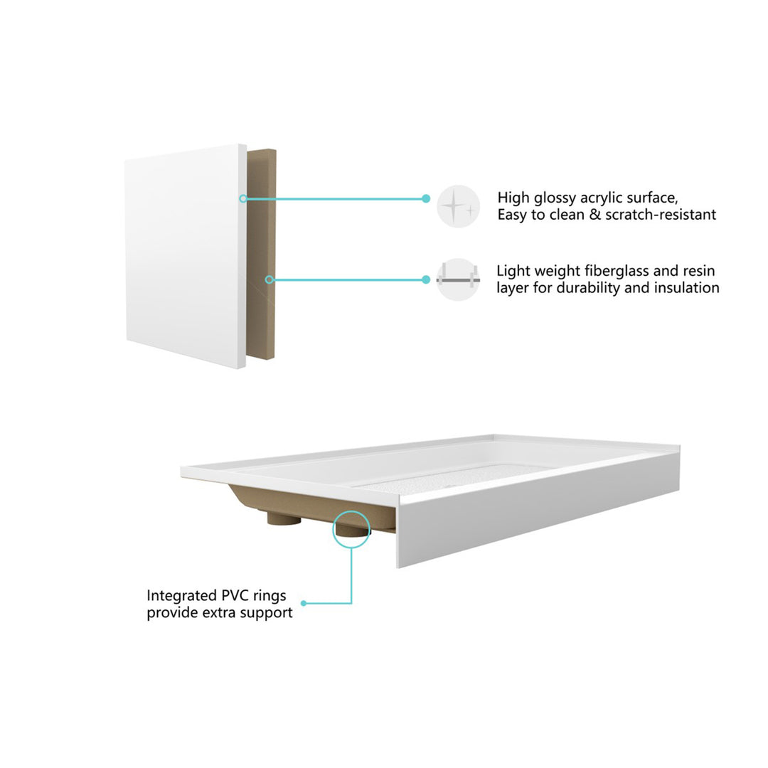 60X32 Inch Single Threshold Shower Tray Center Drain In Glossy White - View 4 - Joshua Marshal
