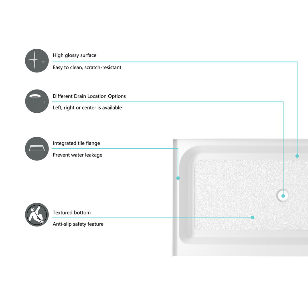 60X36 Inch Single Threshold Shower Tray Center Drain In Glossy White - View 5 - Joshua Marshal