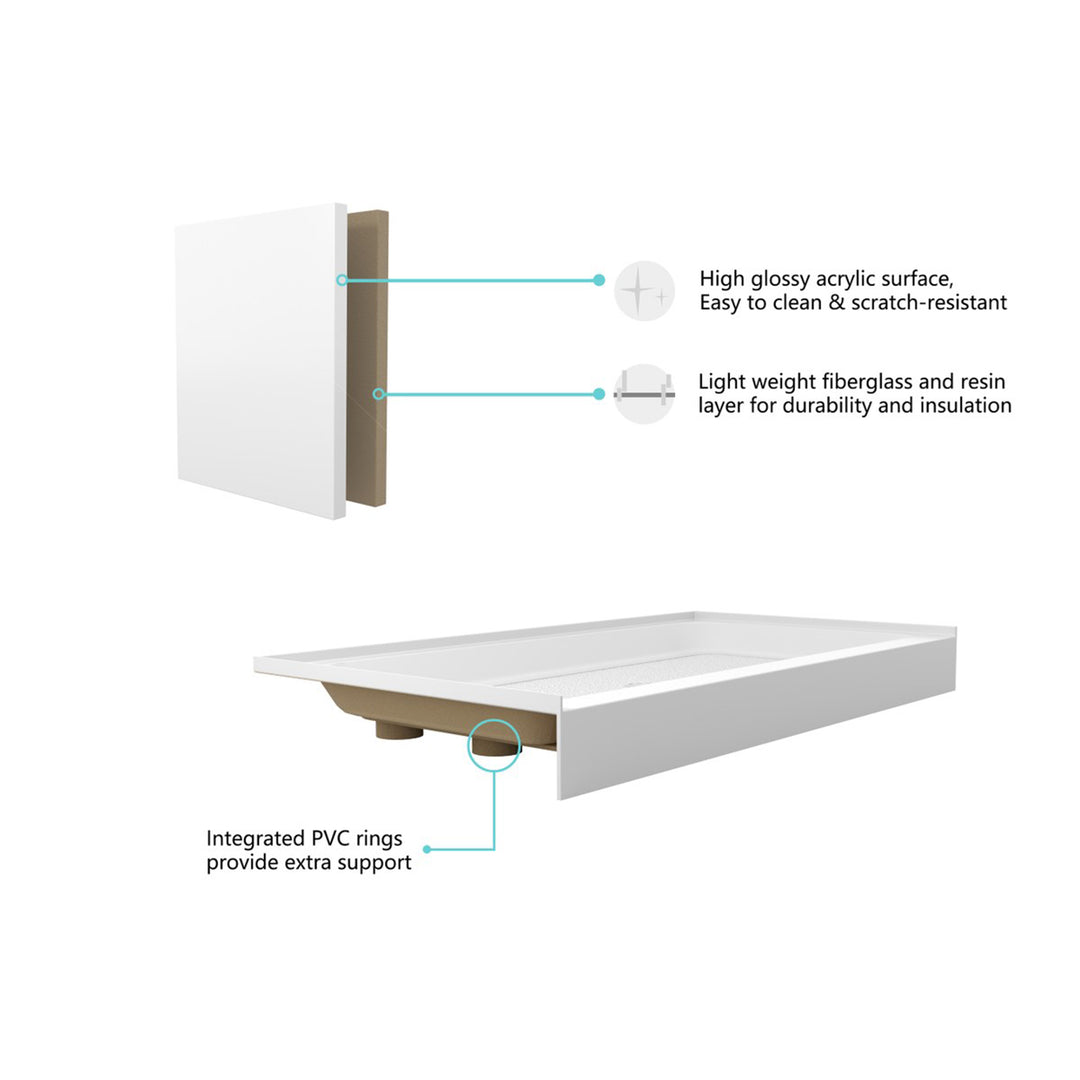 60X30 Inch Single Threshold Shower Tray Left Drain In Glossy White - View 4 - Joshua Marshal